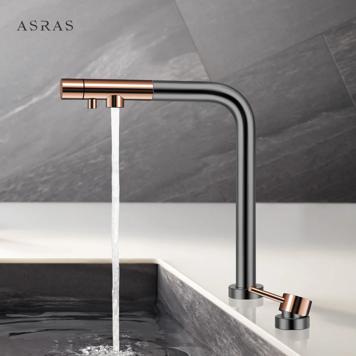 

Asras Hot and Cold Mixer Telescopic Faucet Model 4066 Stainless Steel Black and Gold Kitchen Faucet