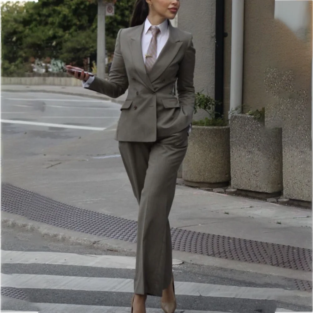 

Gray Women's Suits Solid Elegant Double Breasted Peak Lapel Fashion Two Piece Business Casual Office Lady Daily Formal Set