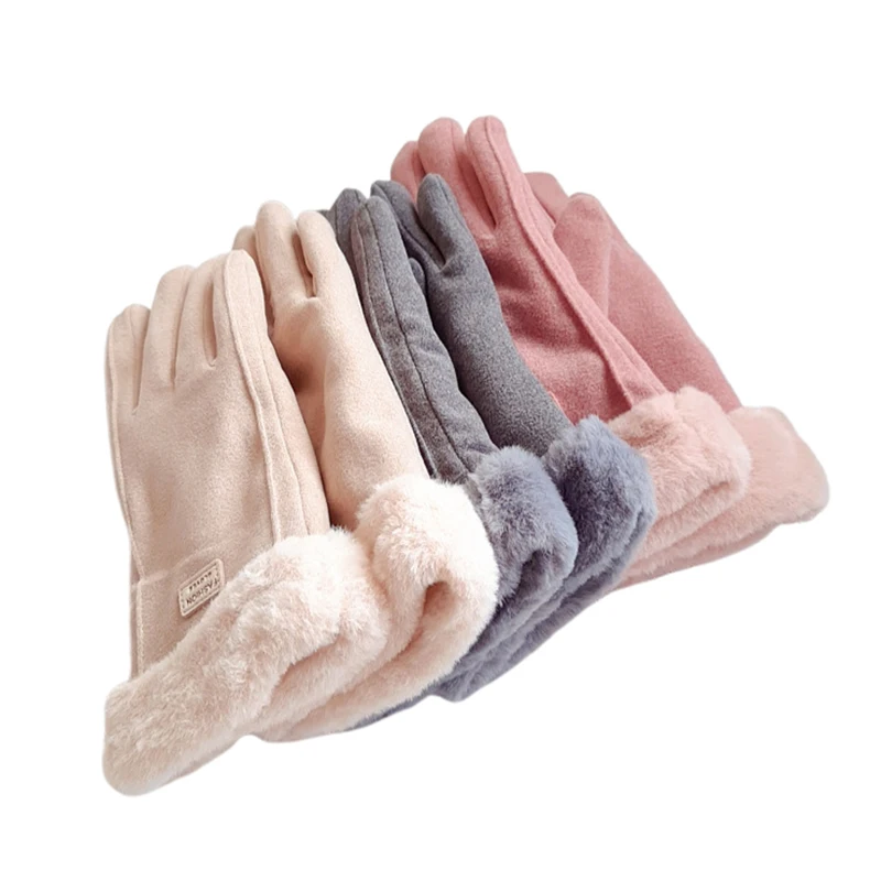 الخريف الشتاء الدافئة قفازات من جلد الغزال زائد المخملية سميكة أفخم ديكور الكفة قفازات في الهواء الطلق Coldproof لمس ركوب قفازات التزلج #5