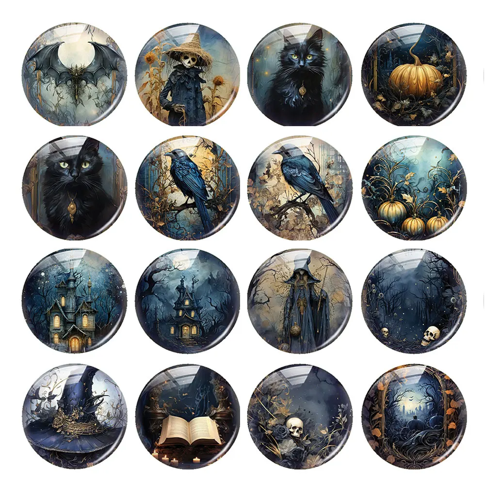 

Halloween Gothic Horror Blue Scarecrow Raven Skull Witch Bat Photo Glass Cabochon Flatback Demo Cameo For Diy Jewelry Making