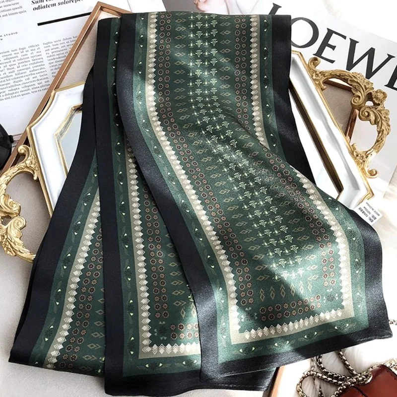 Green Versatile Spring Summer Long Double Layer Double Sided Silk Scarf Narrow Long Neck Scarf Streamer Elegant Comfortable
