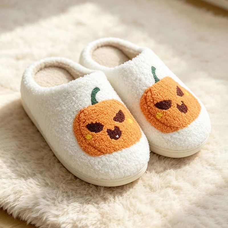 Pantoufles d'Halloween en forme de citrouille pour femme, confortables et moelleuses, pour l'intérieur, chaussures d'hiver unisexes légères et silencieuses pour fêtes et vacances