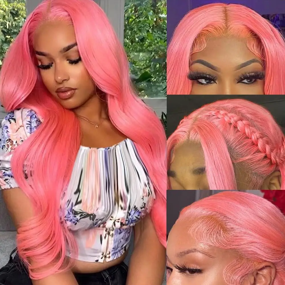 

Pink Human Hair Wig Pre Plucked 30 32 Inch 13x4 HD Transparent Lace Front Wigs Human Hair for Women 180% Density