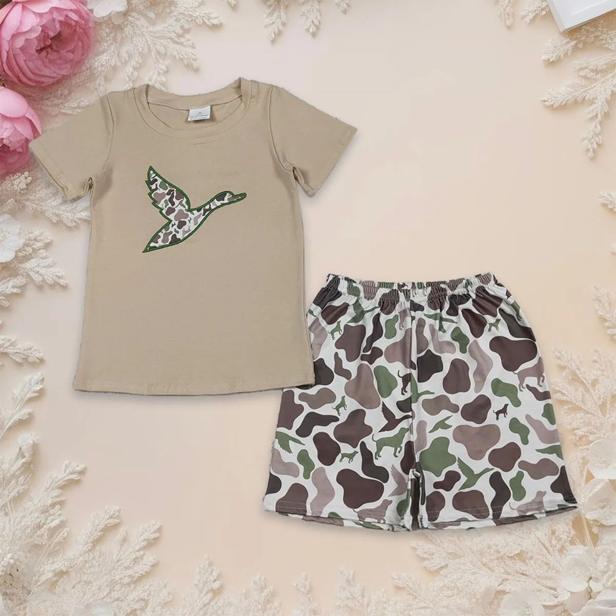 

Baby Boy Short Sleeve Clothes Set Embroidery Camo Ducks Hunting Kids Top Pockets Shorts Infant Toddler Outfits Children Clothing