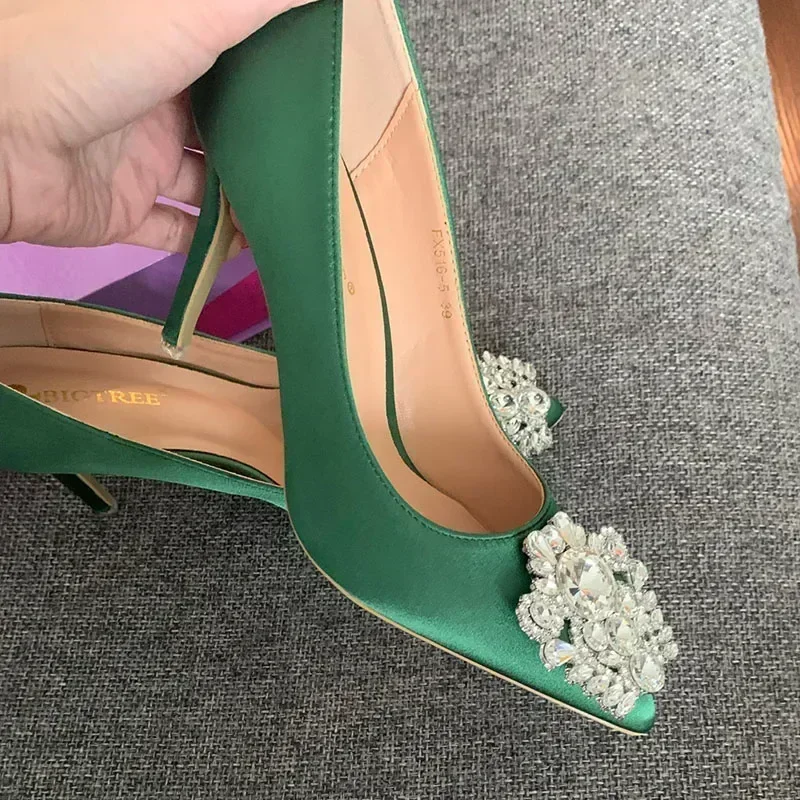 Women Satin 10cm High Heels Sexy Crystal Drag Queen Pumps Lady Pointed Toe New Red Green Formal Occasion Evening Banquet Shoes