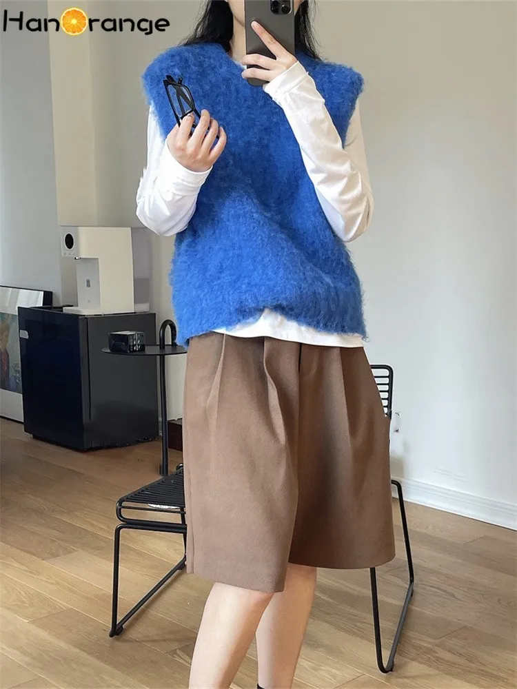 HanOrange 2024 Spring Autumn Long Hair Misty Feeling O-Neck Wool Knitted Vest Women Loose Layered Sleeveless Sweater Blue/Oat