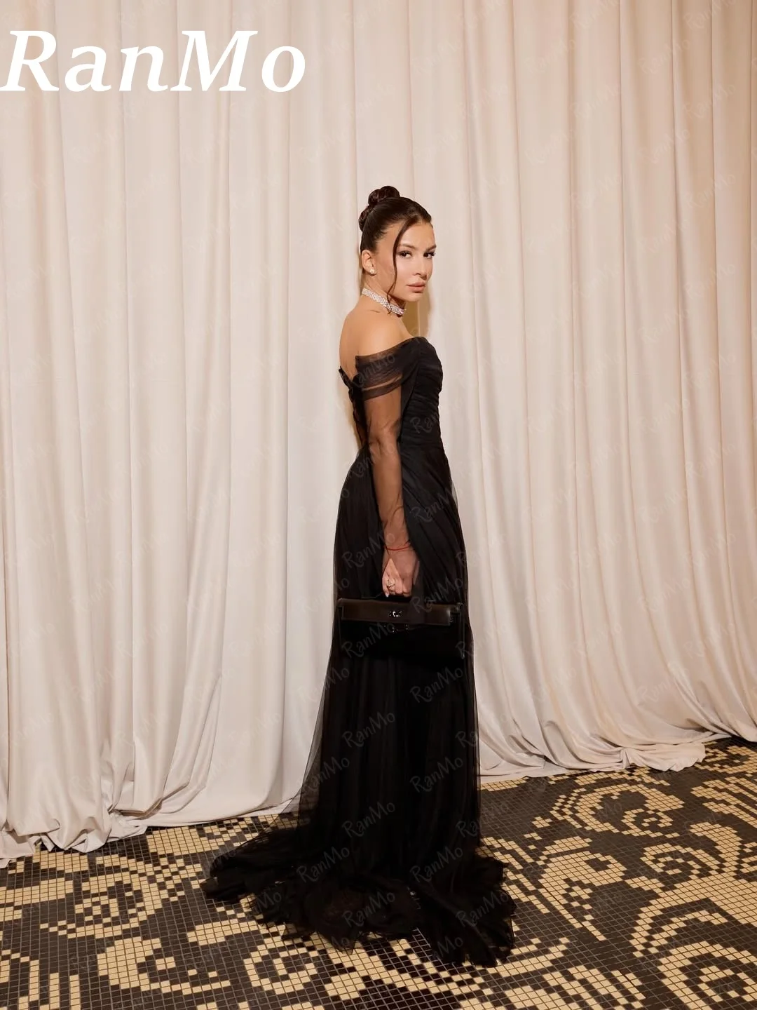 Ranmo Tulle Elegant Off Shoulder Mermaid Prom Dress Floor-Length Pleat vestidos de noche Full Sleeve Elegant Evening Dress 2025