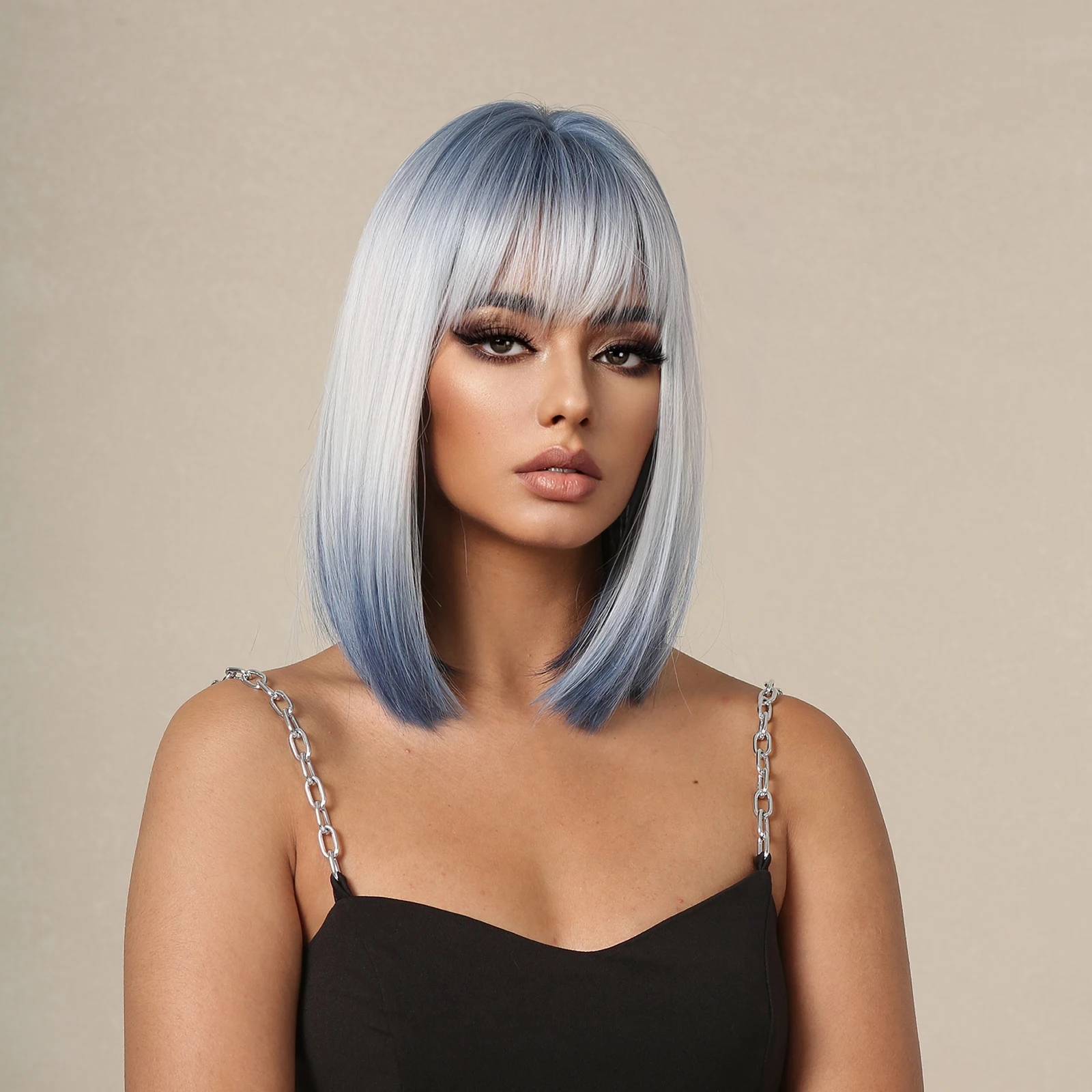 Short BOB Wigs with Bangs Ombre Blue Gray Wigs Straight Synthetic Wigs for Women Cosplay Party Daily