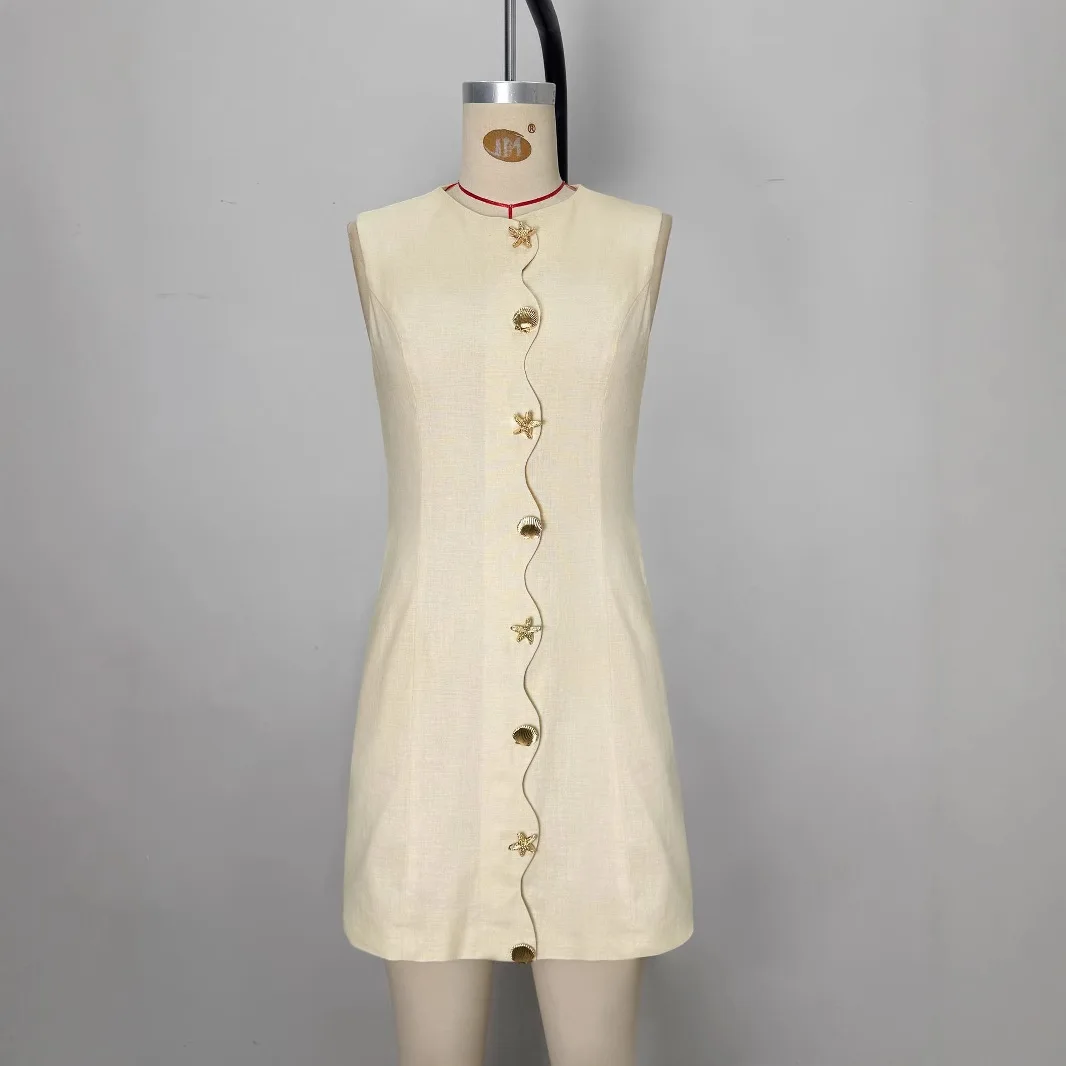 Women's Fashion Intellectual Elegant Mini Dress Summer Slim Fit Button Sleeveless Socialite Little Lady Style Short Dress Sexy