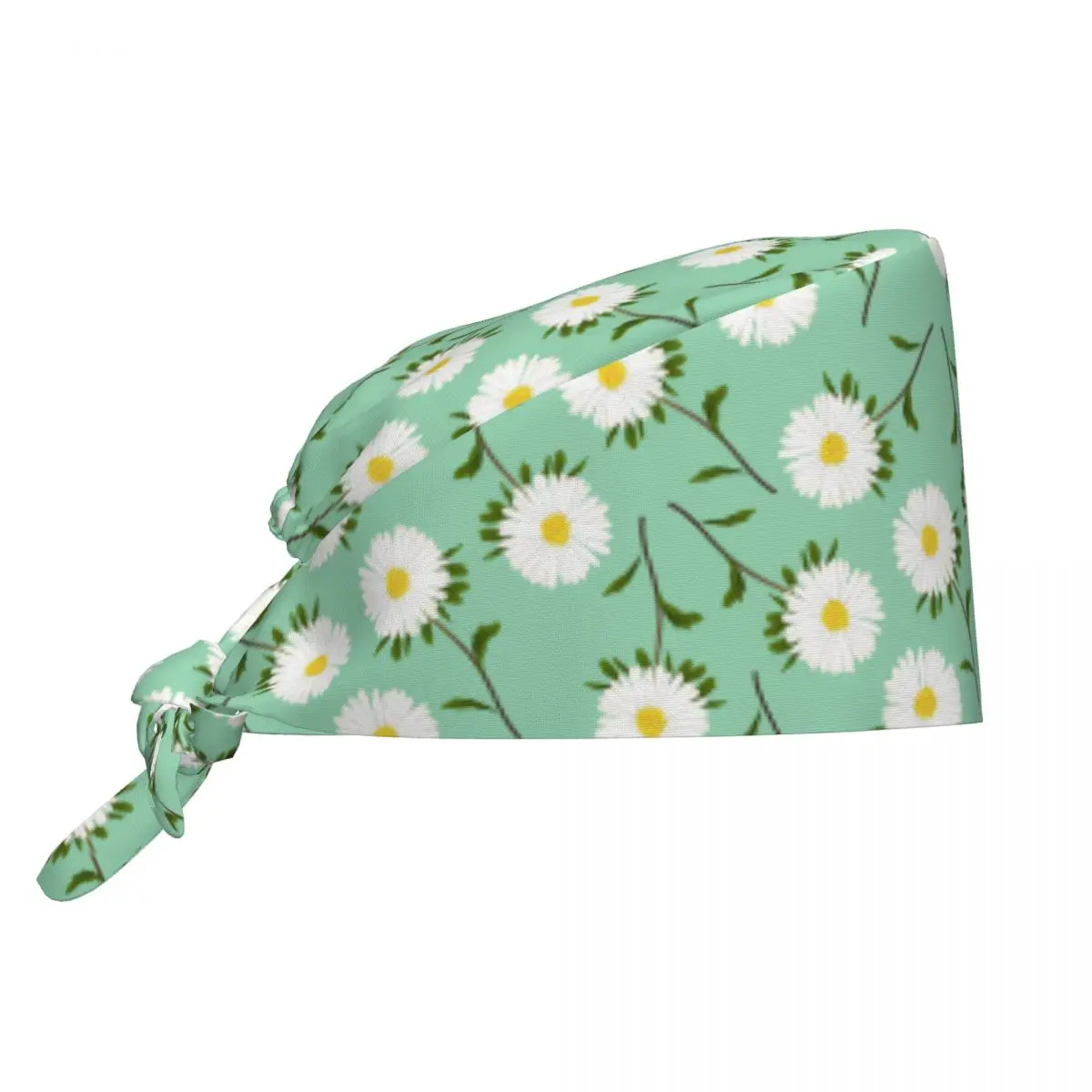 Scrub Caps White Daisy On Green Background Nurse Hats For Unisex Women Long Hair Working Caps Soft Comfy Custom Medical Cap