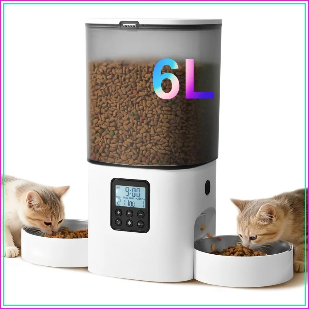 Automatic Cat Feeder with Voice Recorder, 6L Timed Food Dispenser for Up to 8 Meals, Anti-Jam Design, White