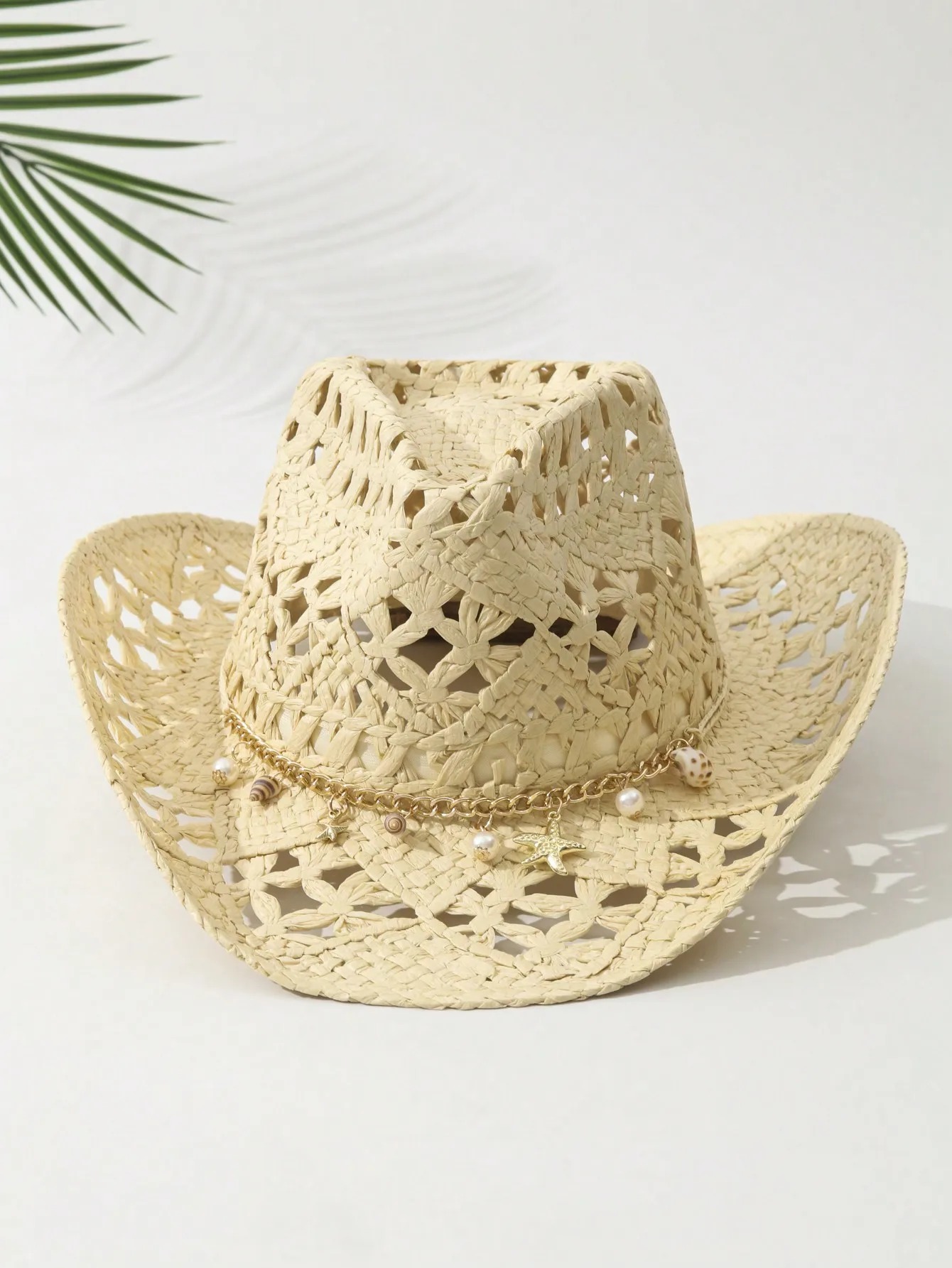 1PC Unisex Conch Decor Printed Straw Cowboy Hat Hollow Out Breathable Western Cowgirl Sun Hat for Spring Summer Beach Travel
