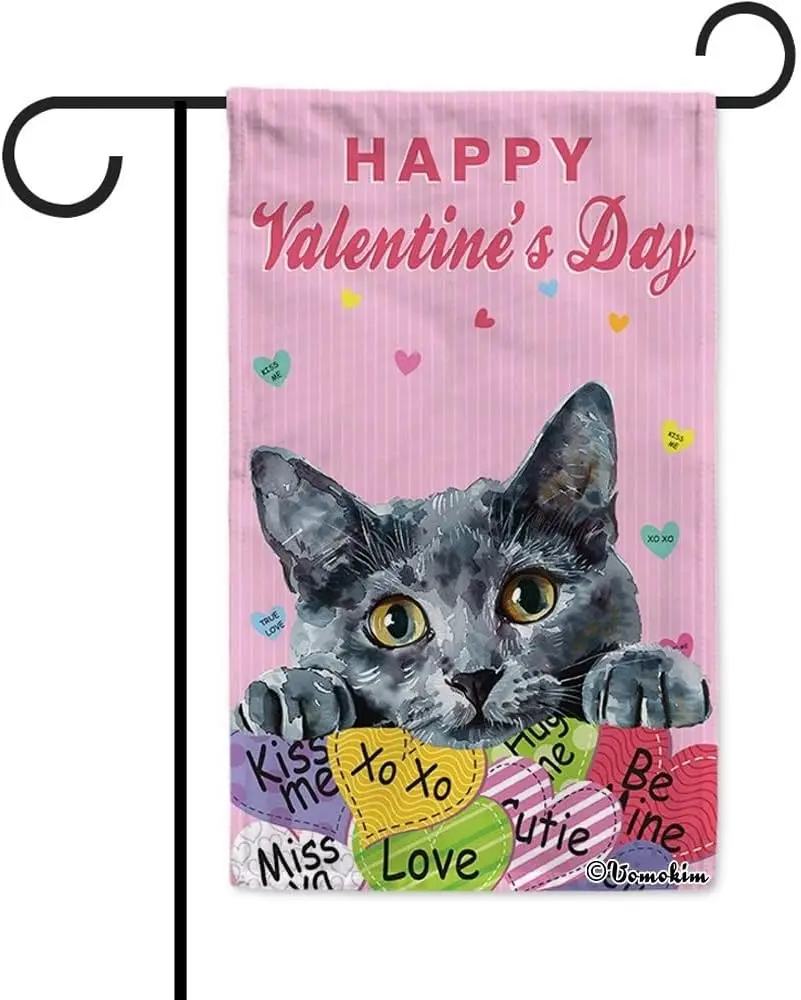 Bandera de Jardín Rosa de San Valentín con Diseño de Gato Korat y Corazones XOXO, 12.5x18 Pulgadas, Doble Cara, para Patio o Porche, ZZM