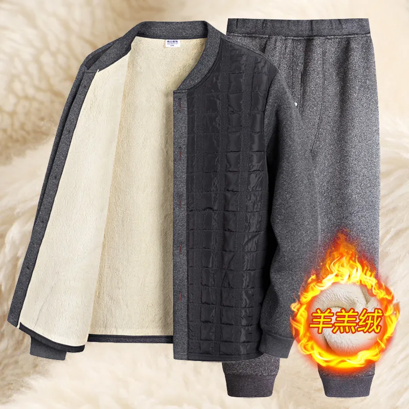 Men Elderly Thermal Underwear Set For Grandfather Father Thick Fleece Lined Button Up Warm Winter Inner Jacket Two Piece Outfit