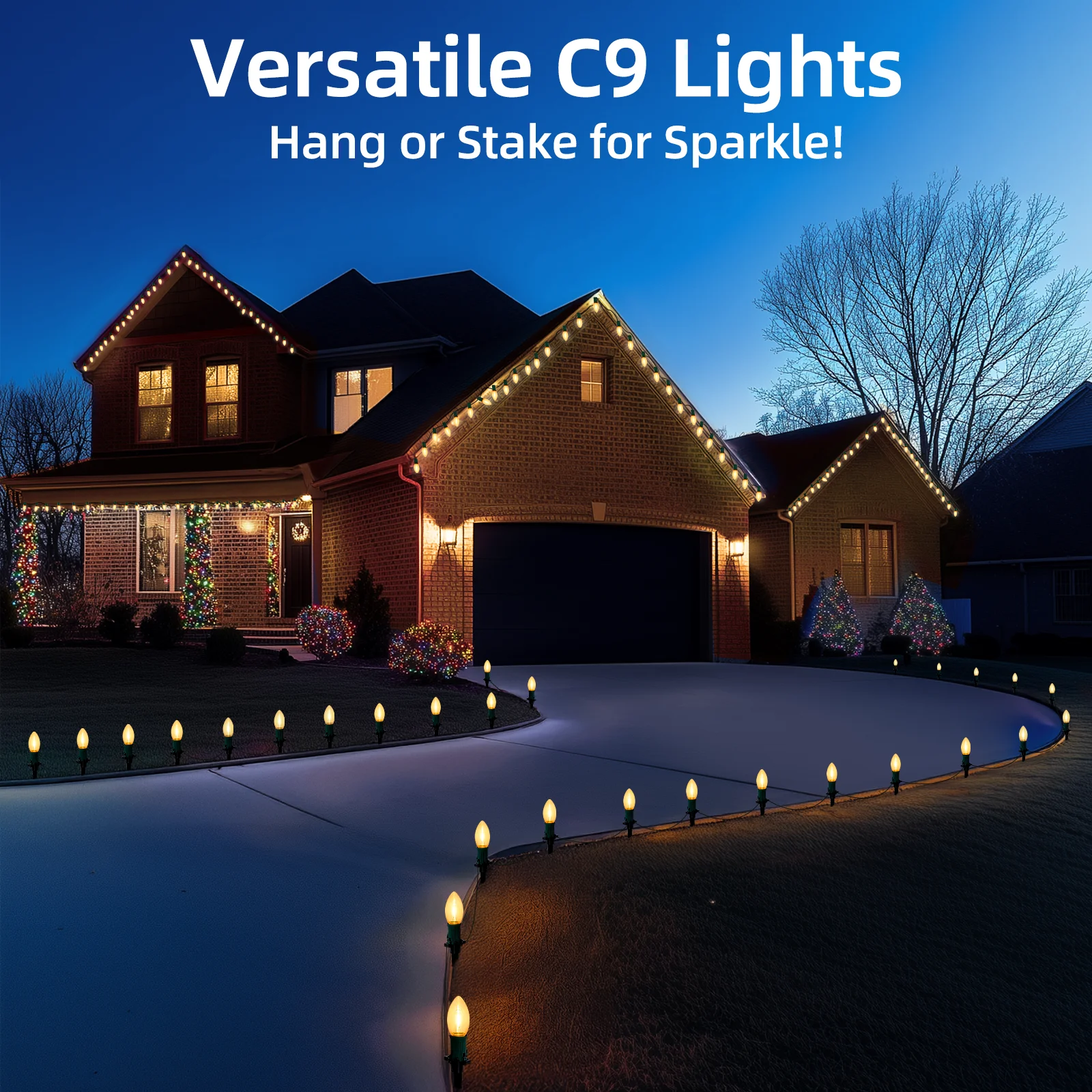 3-in-1 Electric C9 LED Christmas String Lights With Clips, 20-Light 30FT Pathway Lights For Roof Christmas Tree Yard Sidewalk