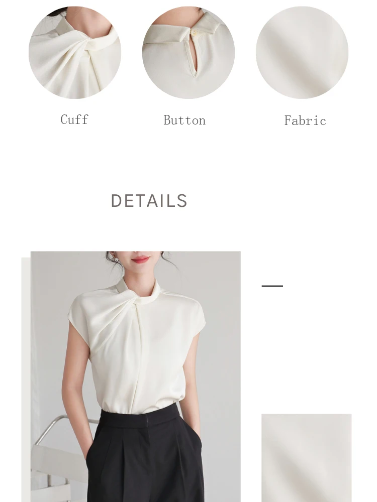 New 2024 Summer Chiffon Blouse For Women Stand Collar Short Sleeve White Shirts & Blouses Korean Fashion Ladies Tops Hot Sale