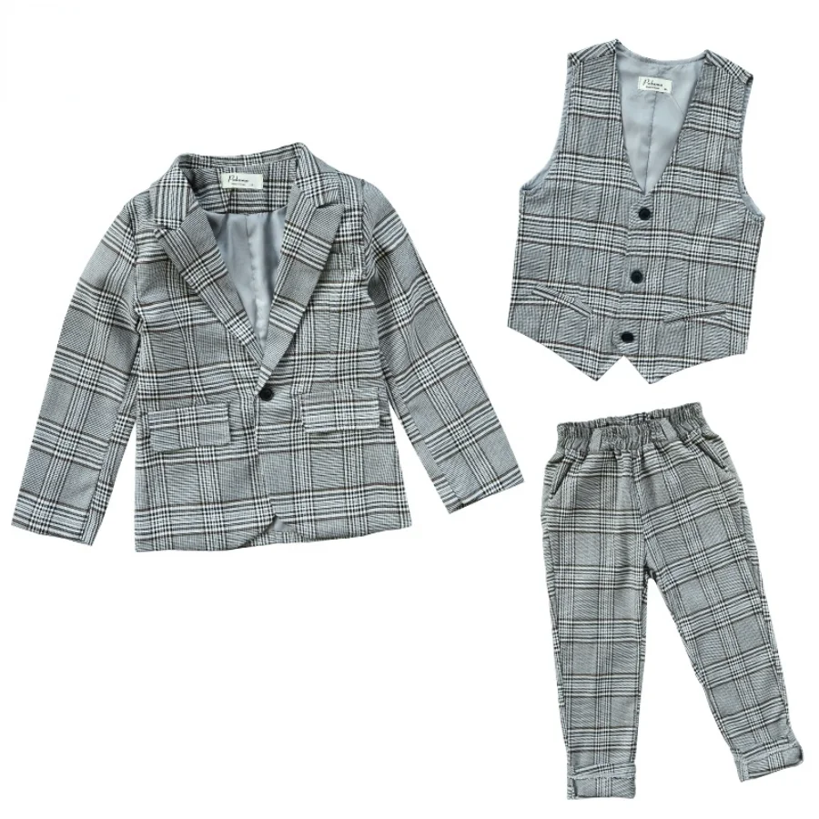 Boys Plaid Suit Jacket Kids Formal Tuxedo Dress 3 Pcs Clothes Sets Child Wedding Party Ring Bearer Blazer Pant Costumes Outfits