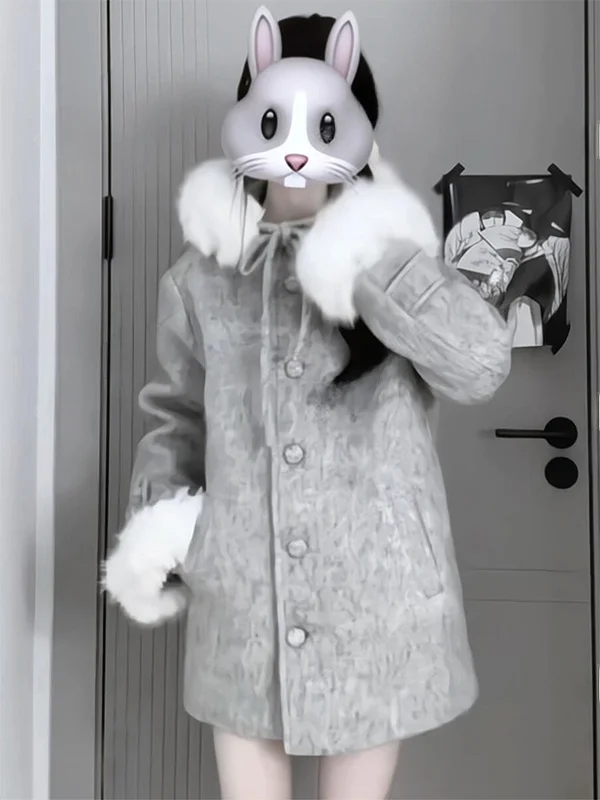 

Зимнее утепленное шерстяное пальто с большим меховым воротником, милое, средней длины, с бантом, в корейском стиле, свободного кроя, с длинными рукавами, с капюшоном