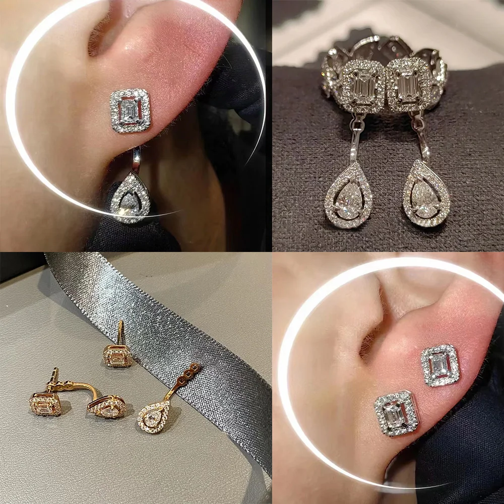 kimsu original design luxury two-wear personalized fashionable geometric square water drop back-hanging zircon women's earrings