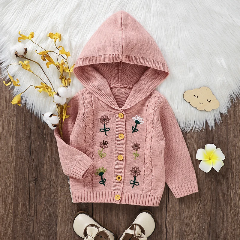 Sweet Fresh Floral Print Hooded Knitted Acrylic Long Sleeve Newborn Baby Girls Coat Soft Infant Sweater Overcoat Cardigan