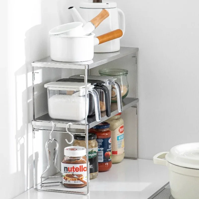 

Retractable Cabinet Storage Shelf Kitchen 2-layers Adjustable Closet Holders 304 Stainless Steel Spice Rack Counter Organizer