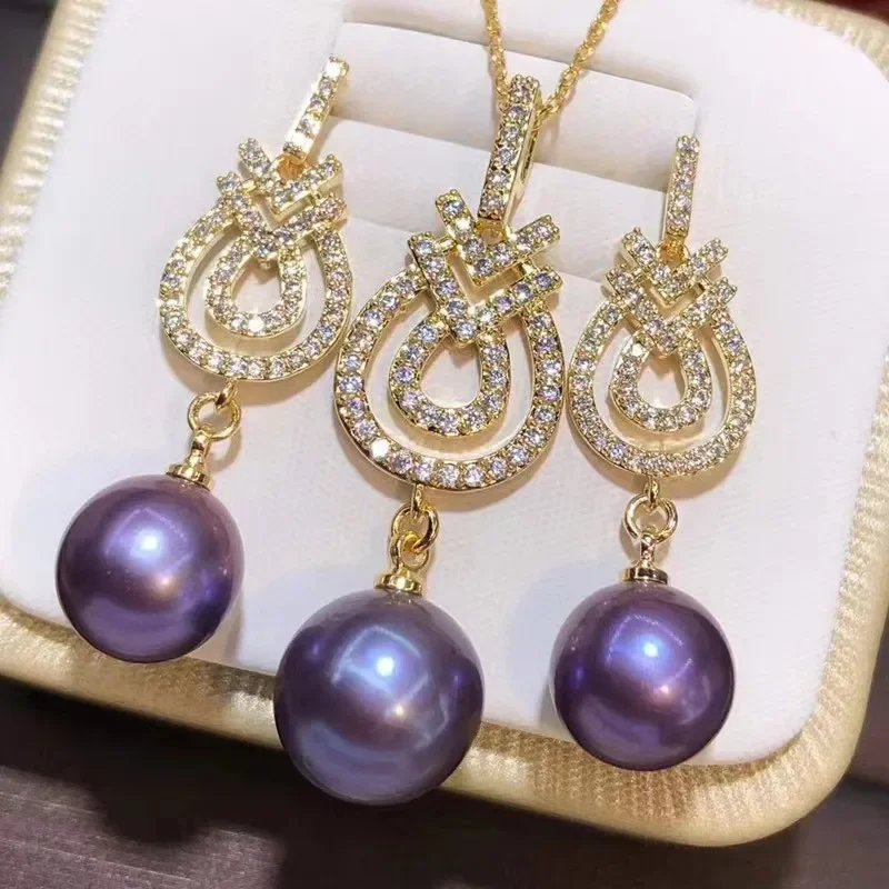 Luxury Set of Genuine Purple Round Pearl Pendant 12-13mm Earring 12mm Women Jewelry Wedding Party Gift 925 Sterling Silver 28AAA