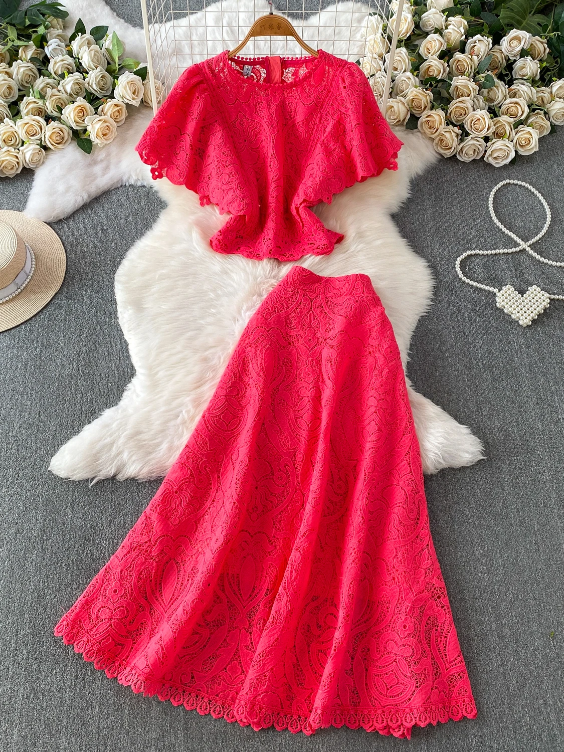 Court Luxury Short Sleeve Soluble Lace Top And Skirt Set Elegant Ageless Fashion Heavy Work Detailing Commute Style Summer Dress