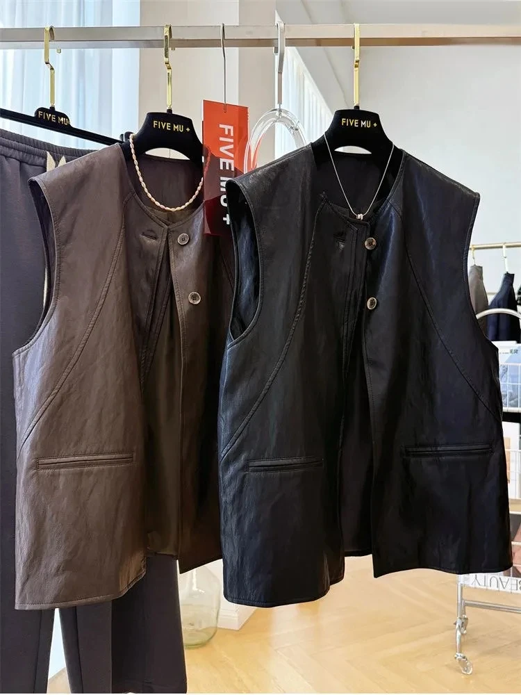 

plus Size PU Leather Vest Outerwear Women Spring Autumn Loose Layering Design Sense Fat MM Casual Commute Korean Style