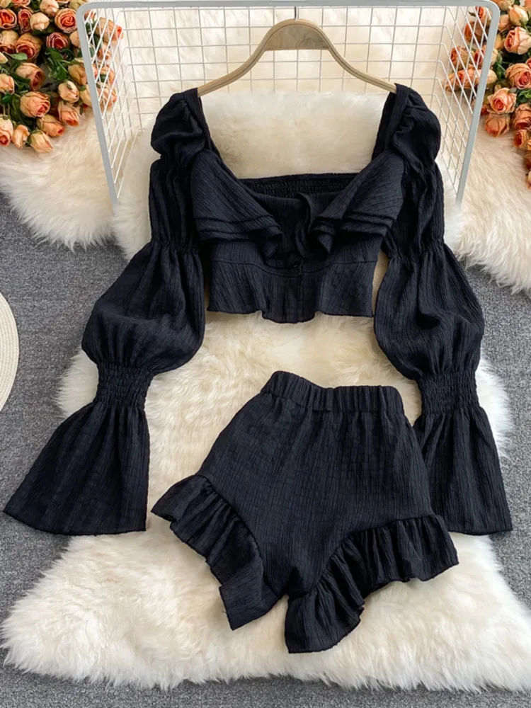 Chiffon Two Piece Set Women 2024 Summer New High Street Fashion Sexy French Outfits Navel Blouses + Solid Wild Ruffles Shorts