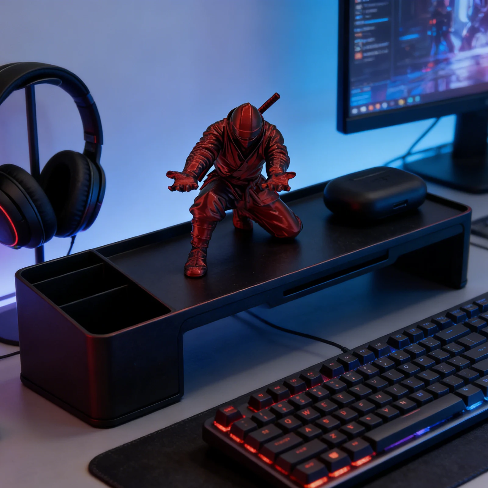 3D Printed Ninja Figurine Black Warrior Cartoon Design with Storage Function PLA Material for Desk Decoration