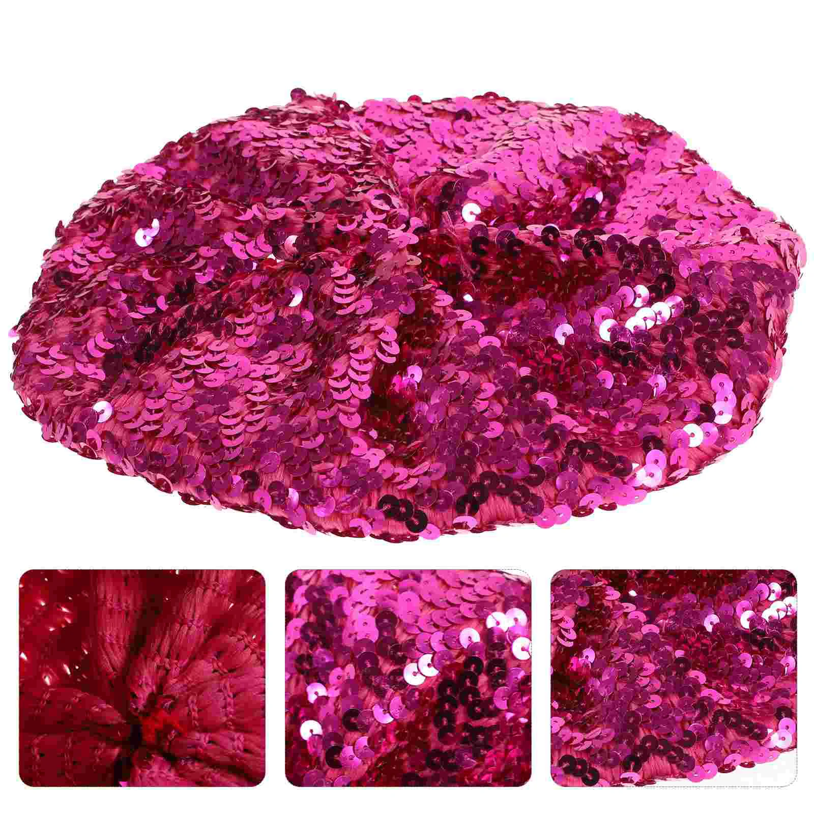 Women Fashion Berets Sparkle Sequins Beanie Hat Costume Accessories for Dance Performance (Rosy) women beret hats fashion