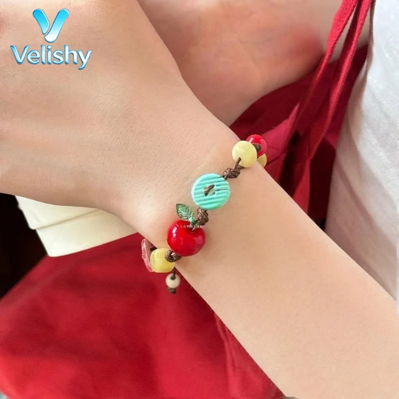 Apples Bracelet 1/2Pcs Set for Girls Brown Cord Cute Accessory for Gift Giving