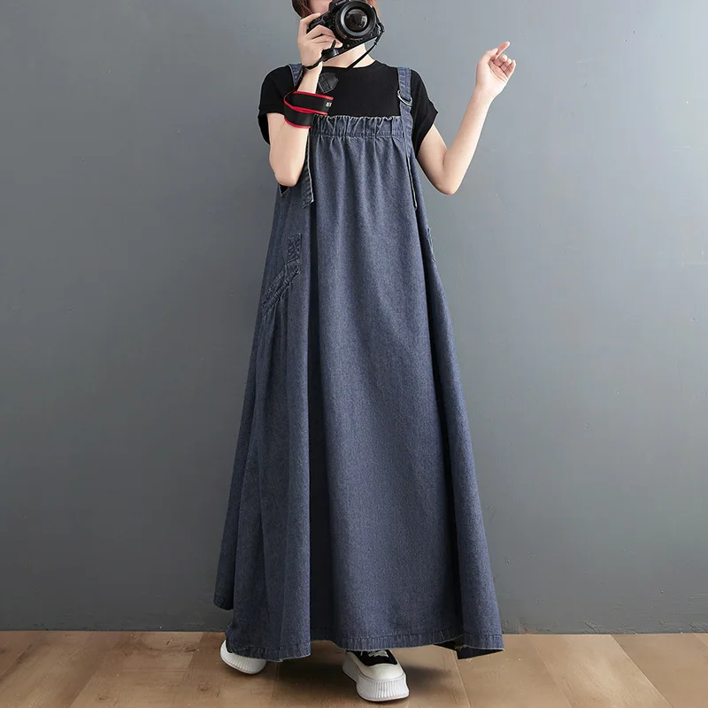 Denim Dress Women Strap Dresses Sleeveless Overalls Sundress Pockets Maxi Gown Vintage Streetwear Washed Female Summer Vestidos