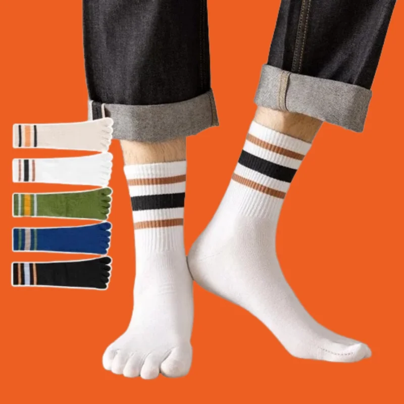 Calcetines deportivos transpirables para hombre, medias de tubo medio a rayas con punta dividida, cinco dedos, alta calidad, 5/10 pares