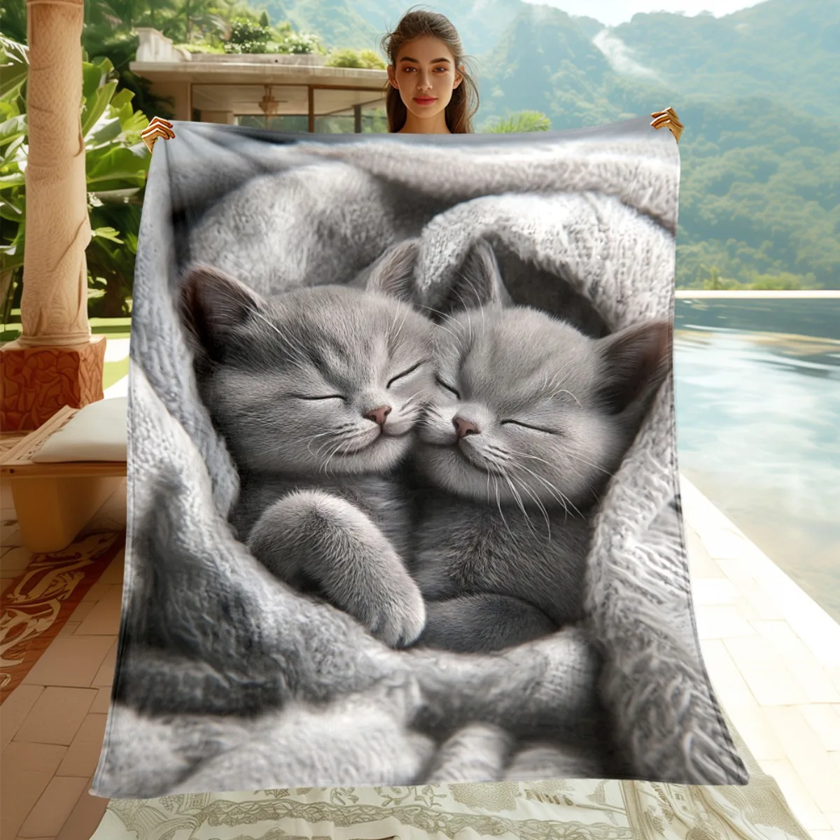 2D Flat Short-Pile Cat Soft Bed Portable Blanket - Lightweight Sofa Blanket, Suitable for Travel, Camping, Living Room, Office,