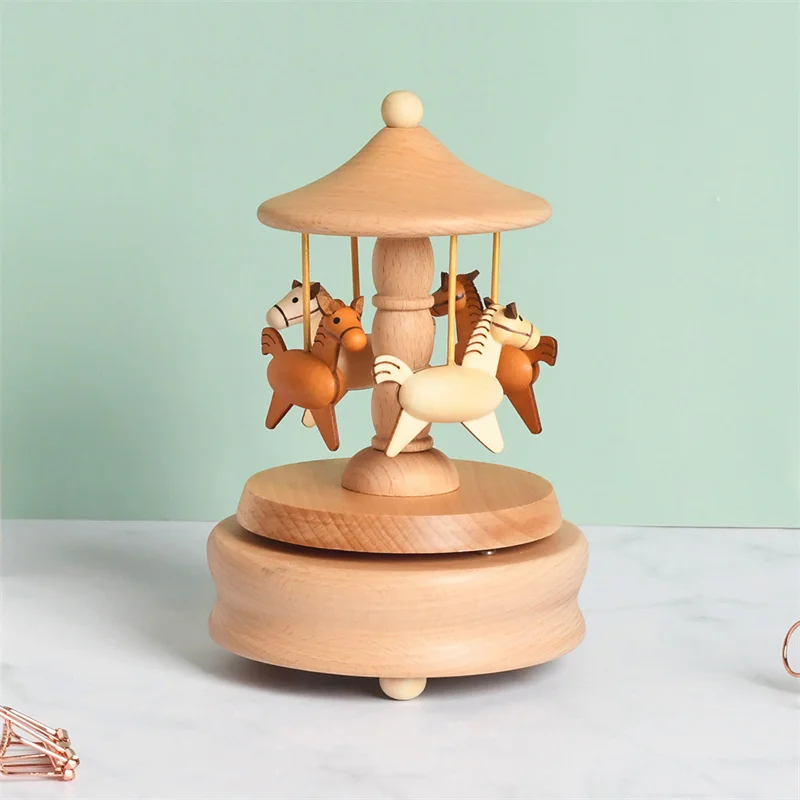 Wooden Carousel Trojan horse Music Box Ornaments Rotatable Hand-cranked Music Box DIY Handmade Birthday Christmas Gift▪