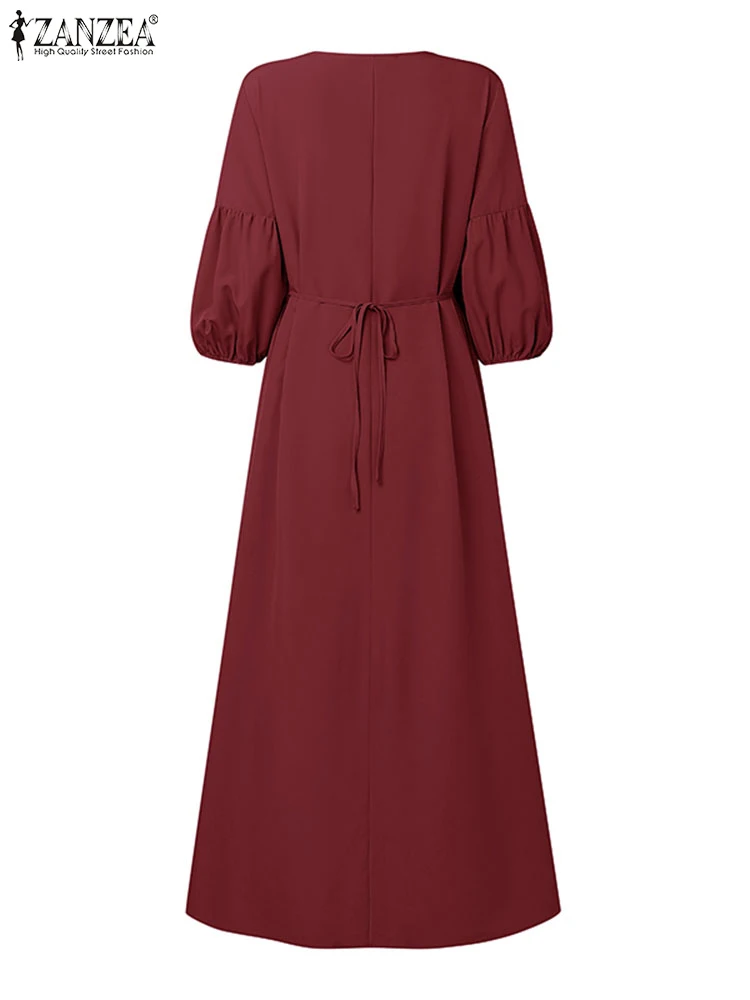 2025 Elegante Abito con maniche a lanterna ZANZEA Donne alla moda Maxi Abito lungo Estate Vestito estivo Casual Solid OL Abiti da lavoro Robe Femme