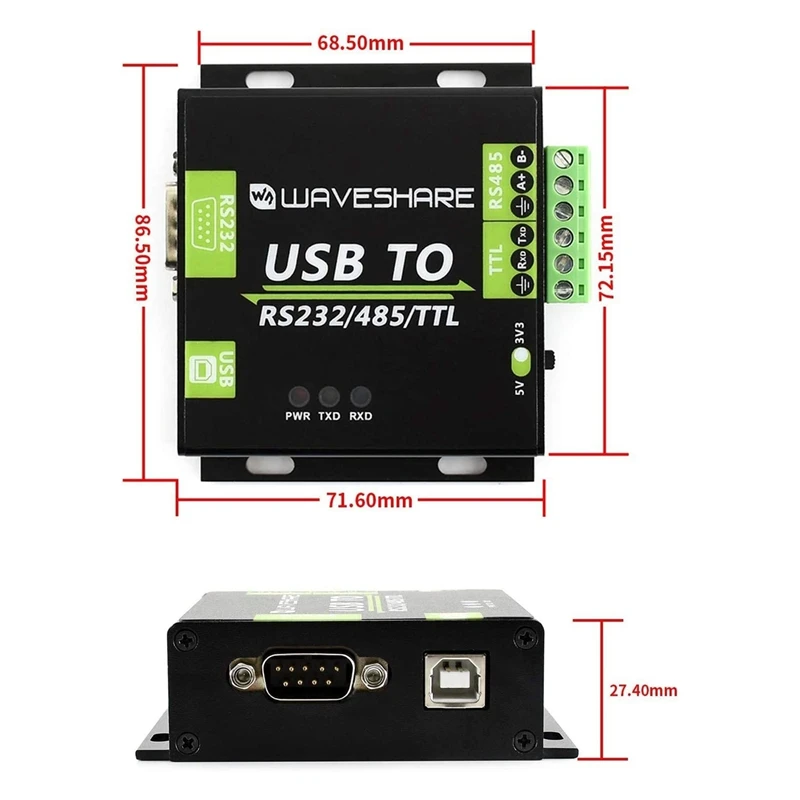 Imagem -02 - Usb Industrial do Waveshare ao Conversor Isolado Rs232 Rs485 Ttl com o Diodo Encaixado Ft232rl dos Circuitos de Proteção Tvs