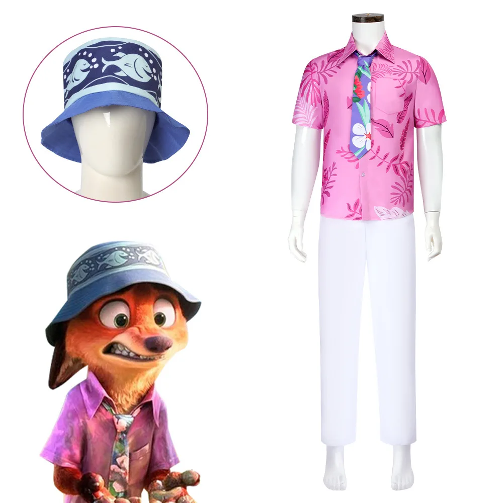 Мужской костюм для косплея из мультфильма Fox Nick Wilde на Хэллоуин, рубашка в гавайском стиле, шляпа, костюм для взрослых, праздничная карнавальная одежда