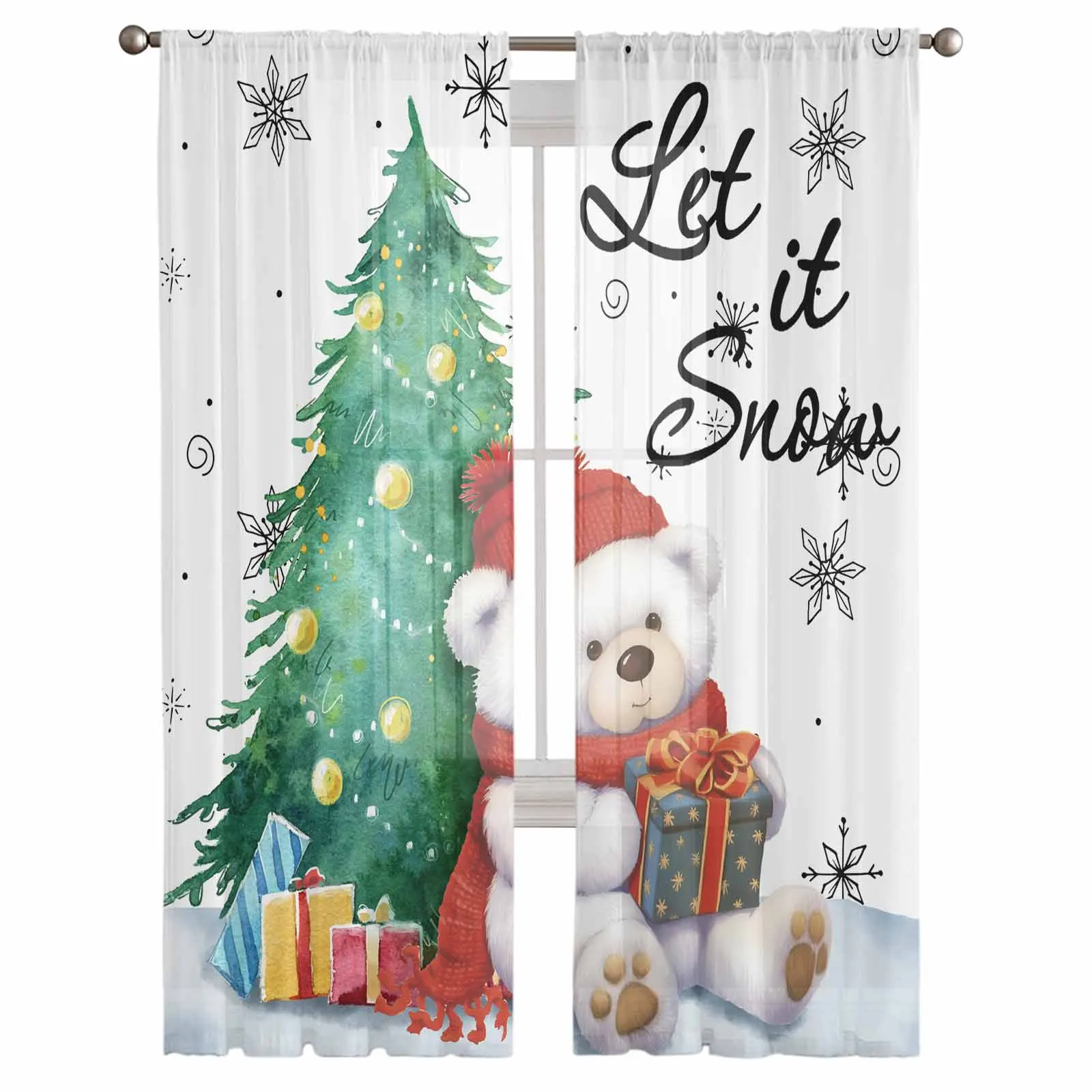 Christmas Snowflakes Retro Koala Sheer Curtains Modern Gauze Curtain for Living Room Bedroom Voile Yarn Curtains