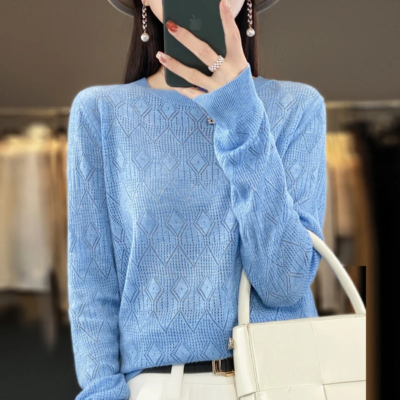 Nuove donne maglione misto lana primavera o-collo geometrico Hollow Pullover moda morbido maglione sciolto Casual maglia Base top