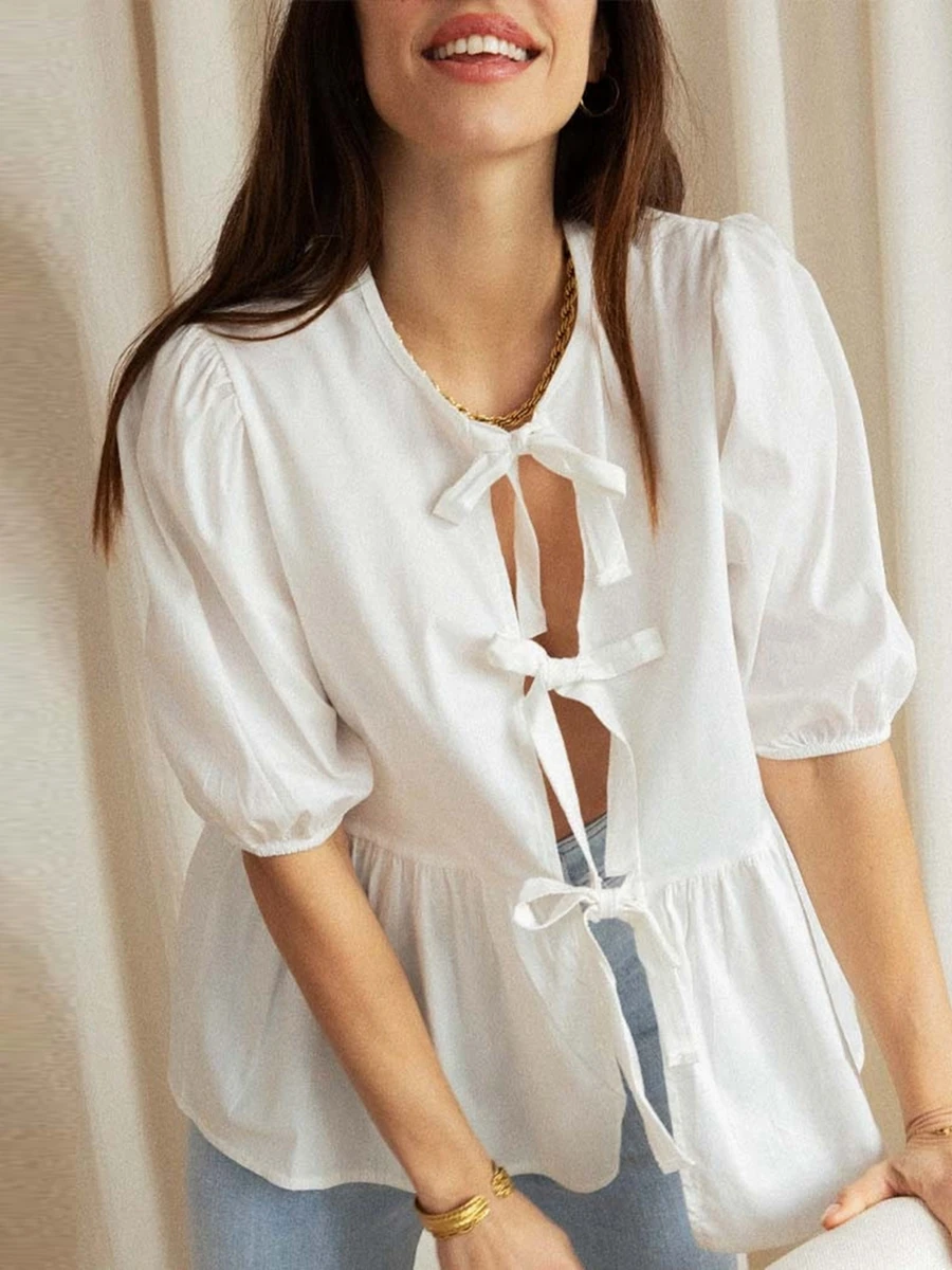 Women Summer Basic T-Shirt Casual Tie Front Short Sleeve Peplum Tops Female Solid/Prints Blouse for Streetwear Aesthetic Clothes