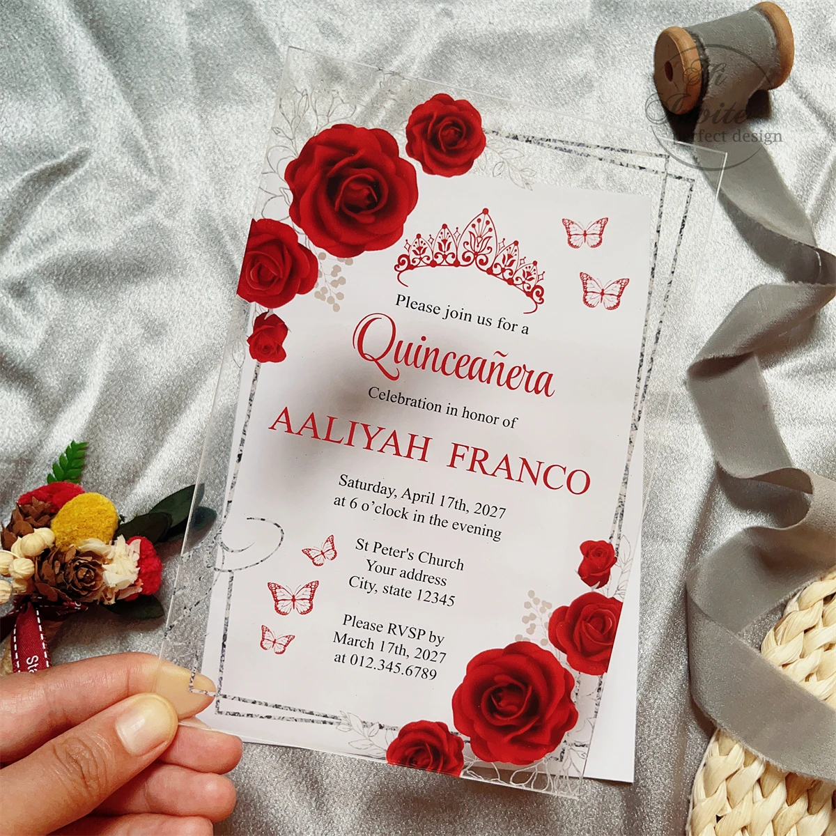 Gorgeous Red Rose and Silver Branch Sweet 15 Acrylic Invitation, Red Floral Quinceañera Acrylic Invite