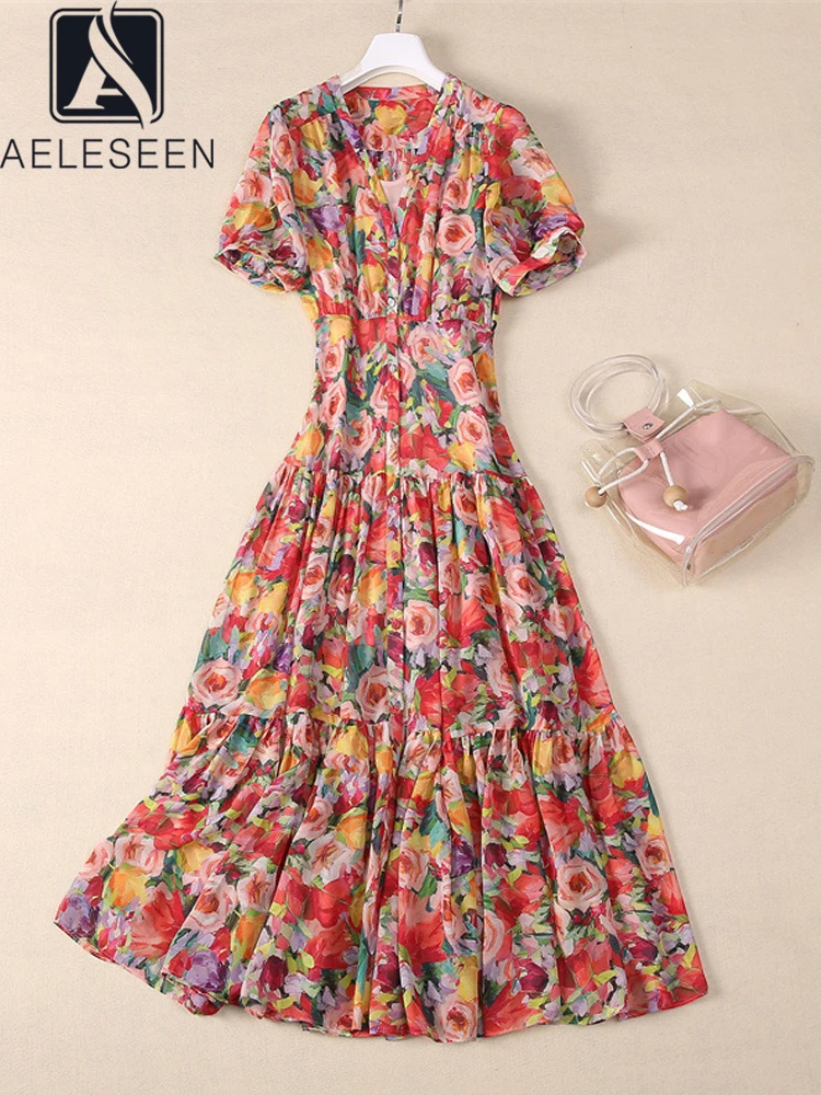 

AELESEEN Bohemian Summer Midi Dress Women V-Neck Colorful Flower Print Single-breasted With Lining Sicilian Party Holiday