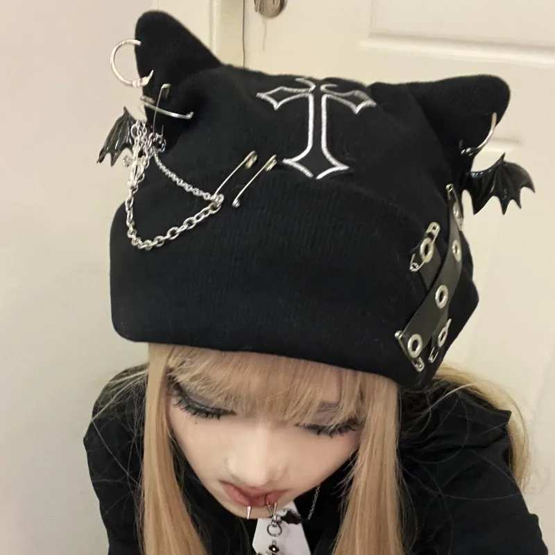 Halloween Studded Punk Style Knitted Hat Japanese Cat Ear Wool Hat Cross Chain Sweet Cool Girl Head Accessories Subculture