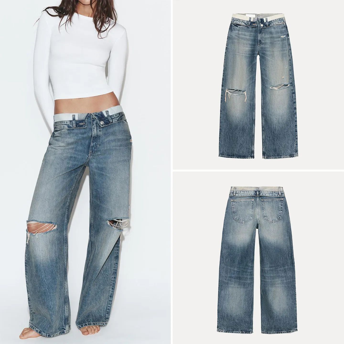 

Fashionable Spring 2026 Women's Jeans Turn-Up Cuff Straight Leg Natural Waist Button Closure Micro Stretch Denim Pants