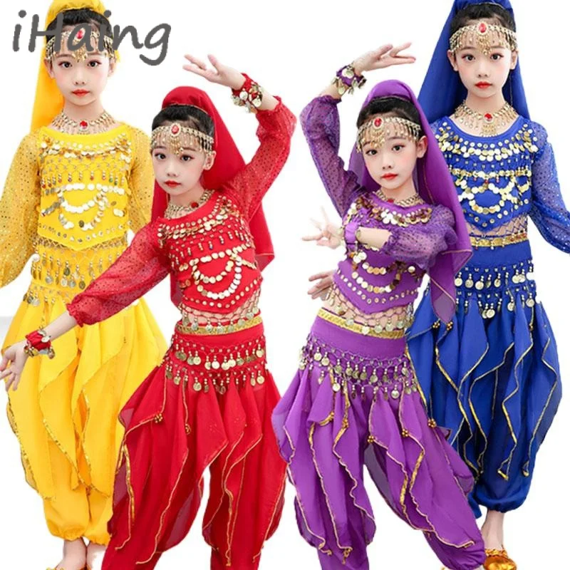 

Girls Sparkly Belly Dance Top Pants Set Oriental Indian Bollywood Halloween Costume with Head Veil Waist Chain Bracelets Outfit