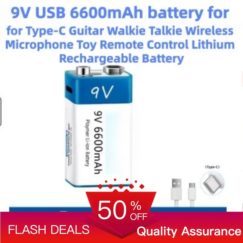 9V USB 6600mAh Battery for Type-C Guitar Walkie Talkie Wireless Microphone Toy Remote Control Lithium Rechargeable Battery