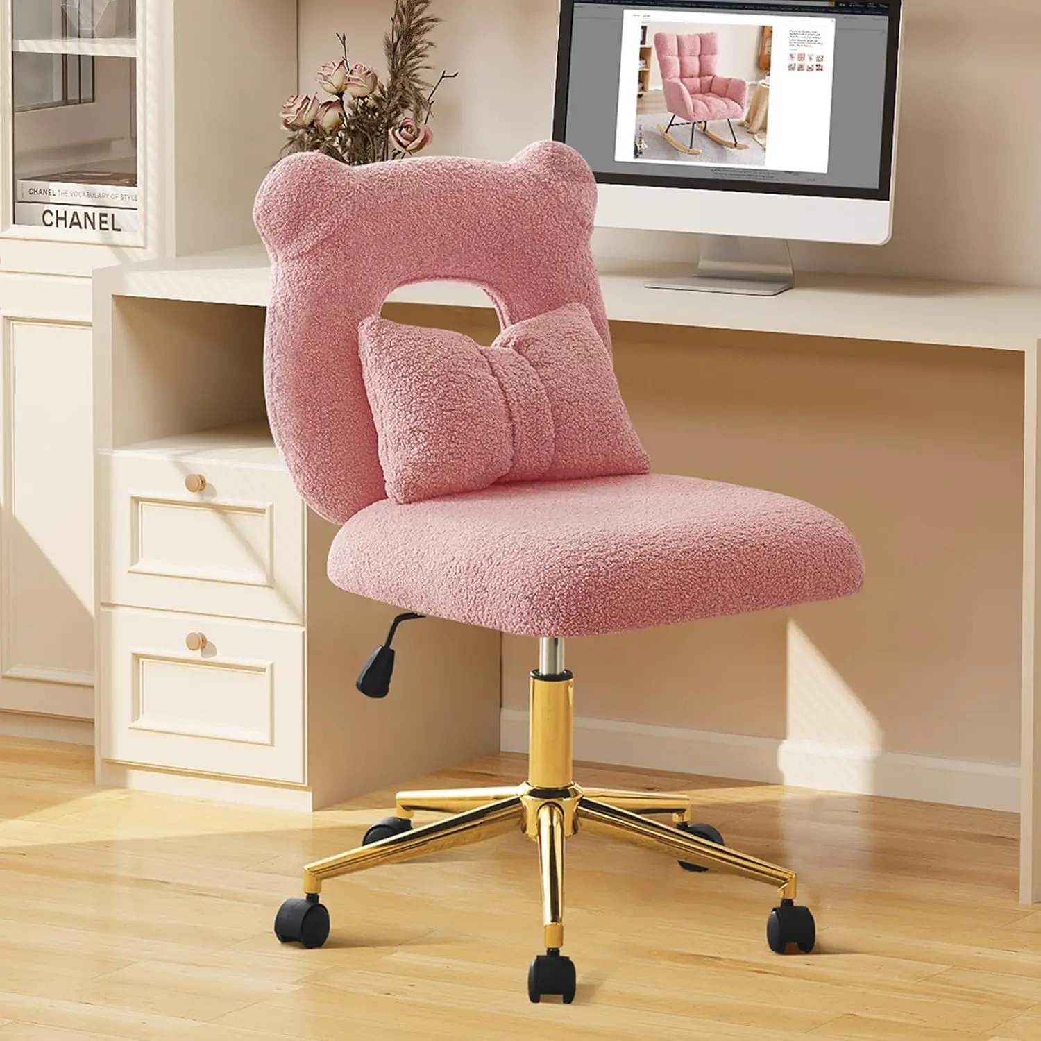 Swivel Desk Chair Cute Pink Faux Fur Cuddly Vanity Chair for Dorm or Bedroom kawaii Backrest & Lumbar Pillow