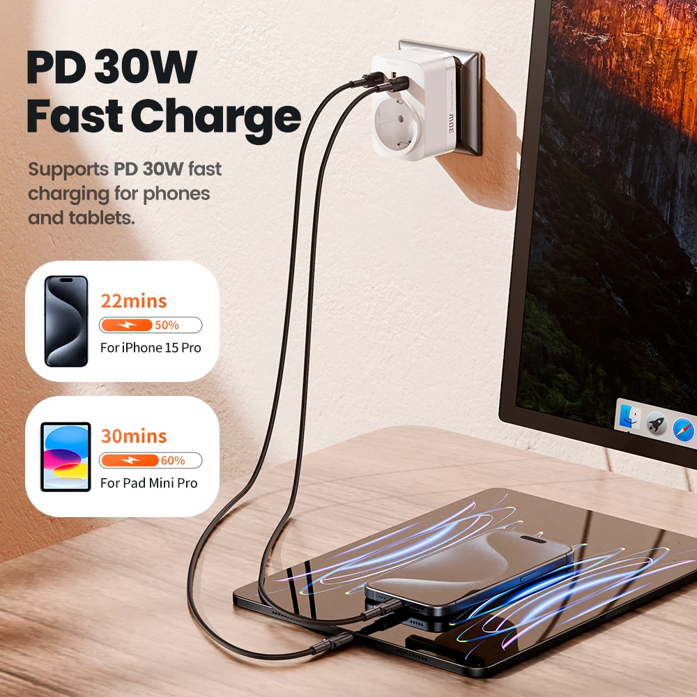 Toocki 30w GaN Charger USB A+Dual Type C Fast Charging With 3800w AC Port Wall Socket For Xiaomi iPhone Huawei Samsung Cellphone